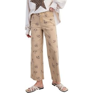 Easel Western Print Twill Wide Leg Stretchy Cotton Raw Hem Cropped Pants Small